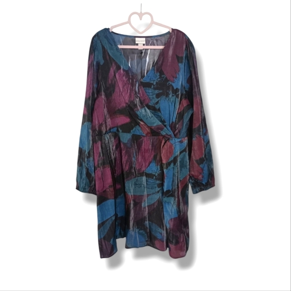 NWT Ava & Viv Balloon Long Sleeve Midi Wrap Dress In Black Floral Size 1X - Picture 5 of 11